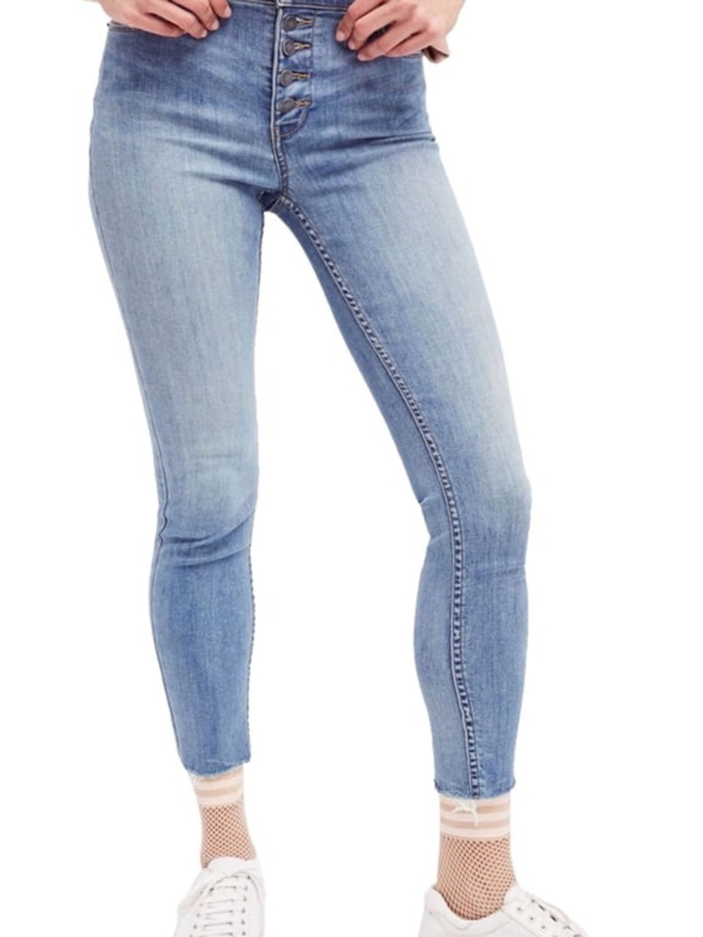 Free People| Reagan Blue Denim Raw Hem Exposed Button Skinny Jeans Sz 26